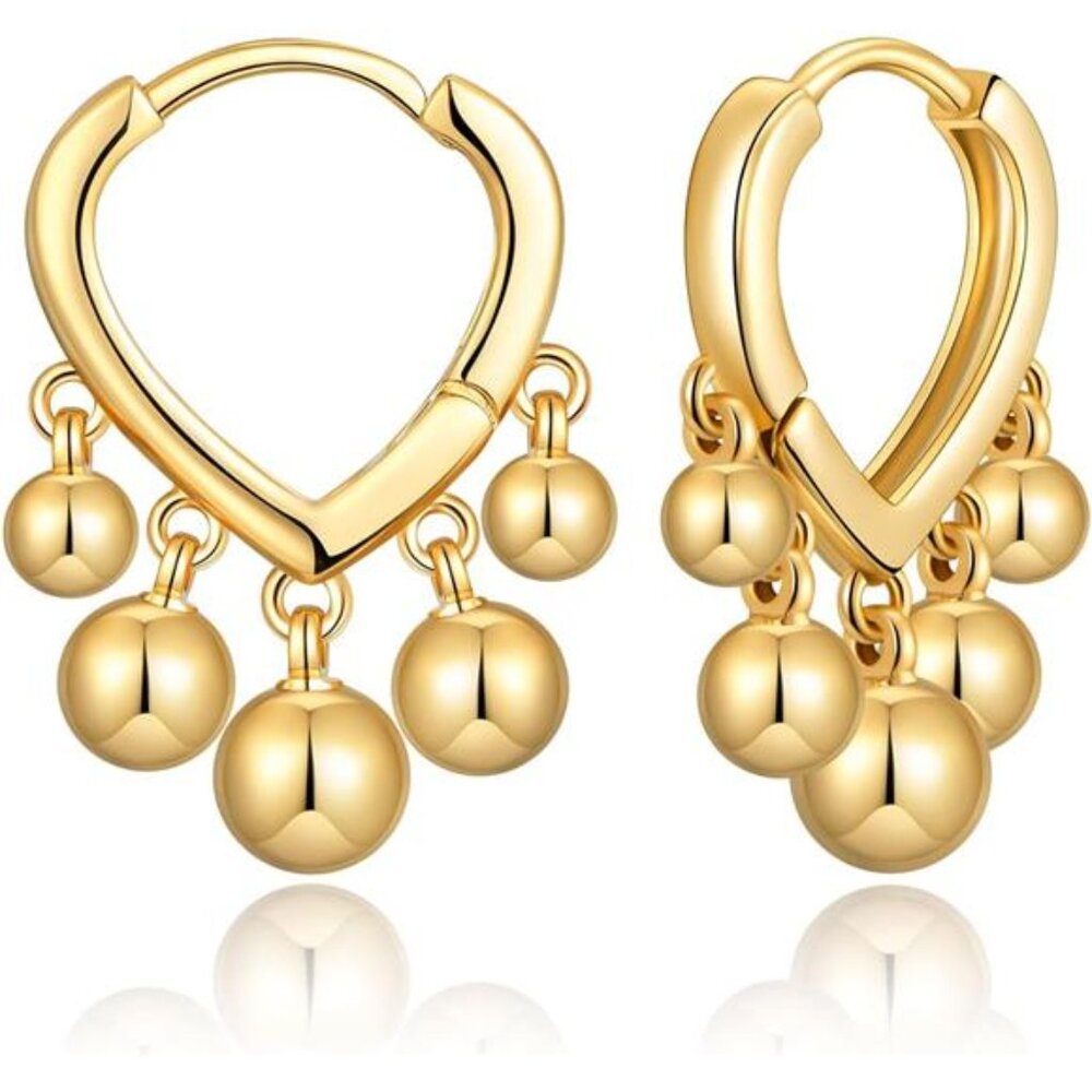 14K Gold Plated Huggie Earrings – Dangle Hoop Design with Gold Balls